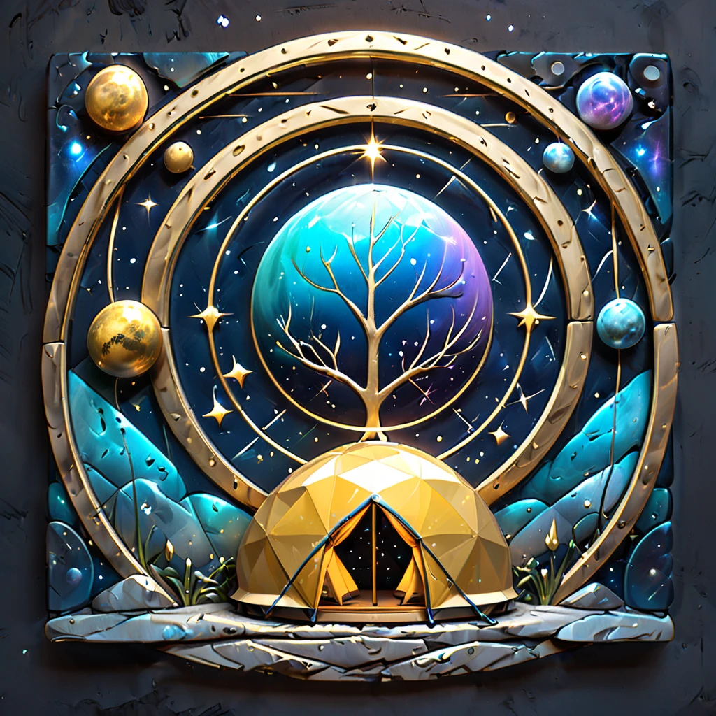 Glamping、symbol、Three-dimensional、Shine、Shine、gold、The background is the universe.