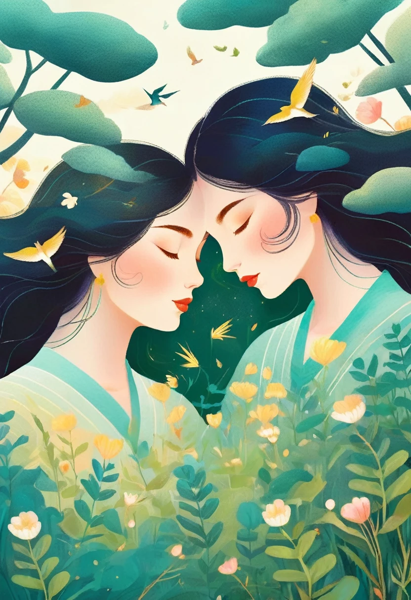 Digital illustration Art, twogirls, gemeas, brown illustrated hair, (houses, Trees, Roots, Adorned swallows), (Side head shot), Background of Green Trees and Hills, side-by-side, evoking the charm of a charming rural landscape. The background matches the hair and radiates serenity., creating a harmonious composition that captures the beauty of nature, white background, Chinese calligraphy with brush lines, vivid Ferdinand du Puigaudeau, victor nizovtsev, tons vintage, twinkling, luminescent, Reflections, best number, 8k, High definition, high resolution. Double exposure,illustration,Beautiful Digital illustration,. The painting should capture the multifaceted essence of a Gemini, showing duality, the curiosity, the adaptability and intellectual energy that define this sign. The scene must be rich in symbolism, representing the various facets of a Gemini person and their ability to navigate between different states of being and different interests.