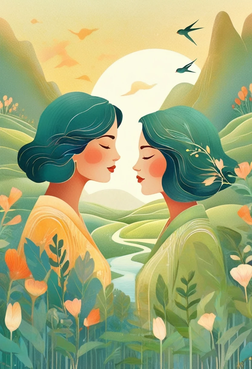 Digital illustration Art, twogirls, gemeas, brown illustrated hair, (houses, Trees, Roots, Adorned swallows), (Side head shot), Background of Green Trees and Hills, side-by-side, evoking the charm of a charming rural landscape. The background matches the hair and radiates serenity., creating a harmonious composition that captures the beauty of nature, white background, Chinese calligraphy with brush lines, vivid Ferdinand du Puigaudeau, victor nizovtsev, tons vintage, twinkling, luminescent, Reflections, best number, 8k, High definition, high resolution. Double exposure,illustration,Beautiful Digital illustration,. The painting should capture the multifaceted essence of a Gemini, showing duality, the curiosity, the adaptability and intellectual energy that define this sign. The scene must be rich in symbolism, representing the various facets of a Gemini person and their ability to navigate between different states of being and different interests.