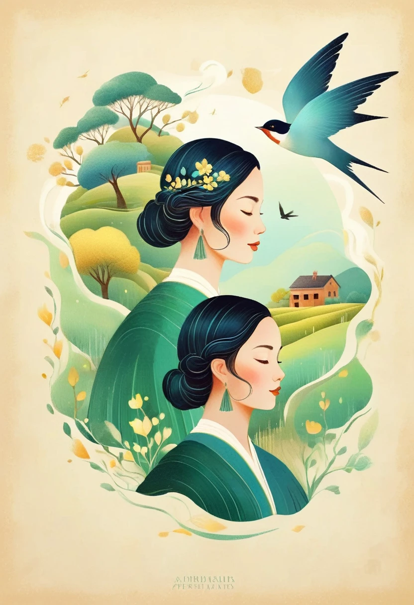 Digital illustration Art, twogirls, gemeas, brown illustrated hair, (houses, Trees, Roots, Adorned swallows), (Side head shot), Background of Green Trees and Hills, side-by-side, evoking the charm of a charming rural landscape. The background matches the hair and radiates serenity., creating a harmonious composition that captures the beauty of nature, white background, Chinese calligraphy with brush lines, vivid Ferdinand du Puigaudeau, victor nizovtsev, tons vintage, twinkling, luminescent, Reflections, best number, 8k, High definition, high resolution. Double exposure,illustration,Beautiful Digital illustration,. The painting should capture the multifaceted essence of a Gemini, showing duality, the curiosity, the adaptability and intellectual energy that define this sign. The scene must be rich in symbolism, representing the various facets of a Gemini person and their ability to navigate between different states of being and different interests.