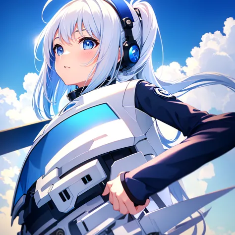 white combat suit with blue pattern, cute, pixie cut hair, small breasts, flat chest, outdoor, blue sky, canon, masterpiece, hig...