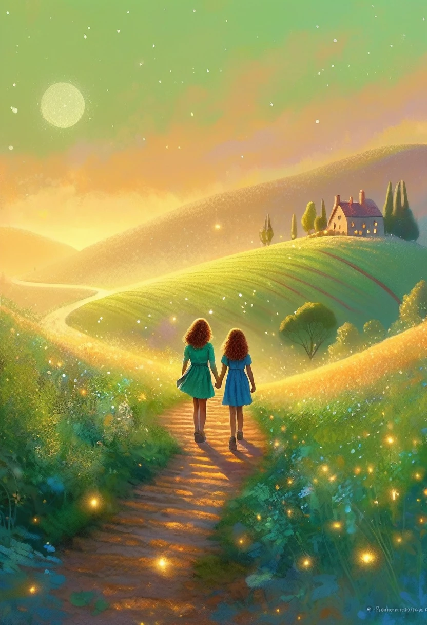 Digital illustration Art, twogirls, gemeas, brown illustrated hair, walking together on a magical path,  Background of Green árvores and Hills, vivid Ferdinand du Puigaudeau, victor nizovtsev, tons vintage, twinkling, luminescent, Reflections, best number, 8k, High definition, high resolution. Double exposure,illustration,Beautiful Digital illustration.