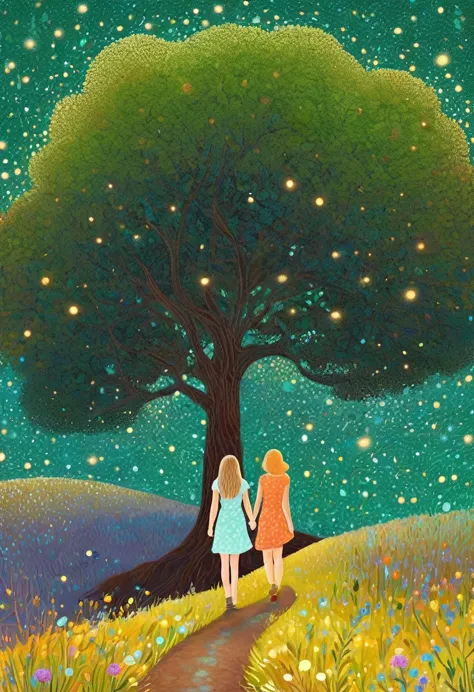 digital illustration art, twogirls, gemeas, brown illustrated hair, walking together on a magical path,  background of green árv...