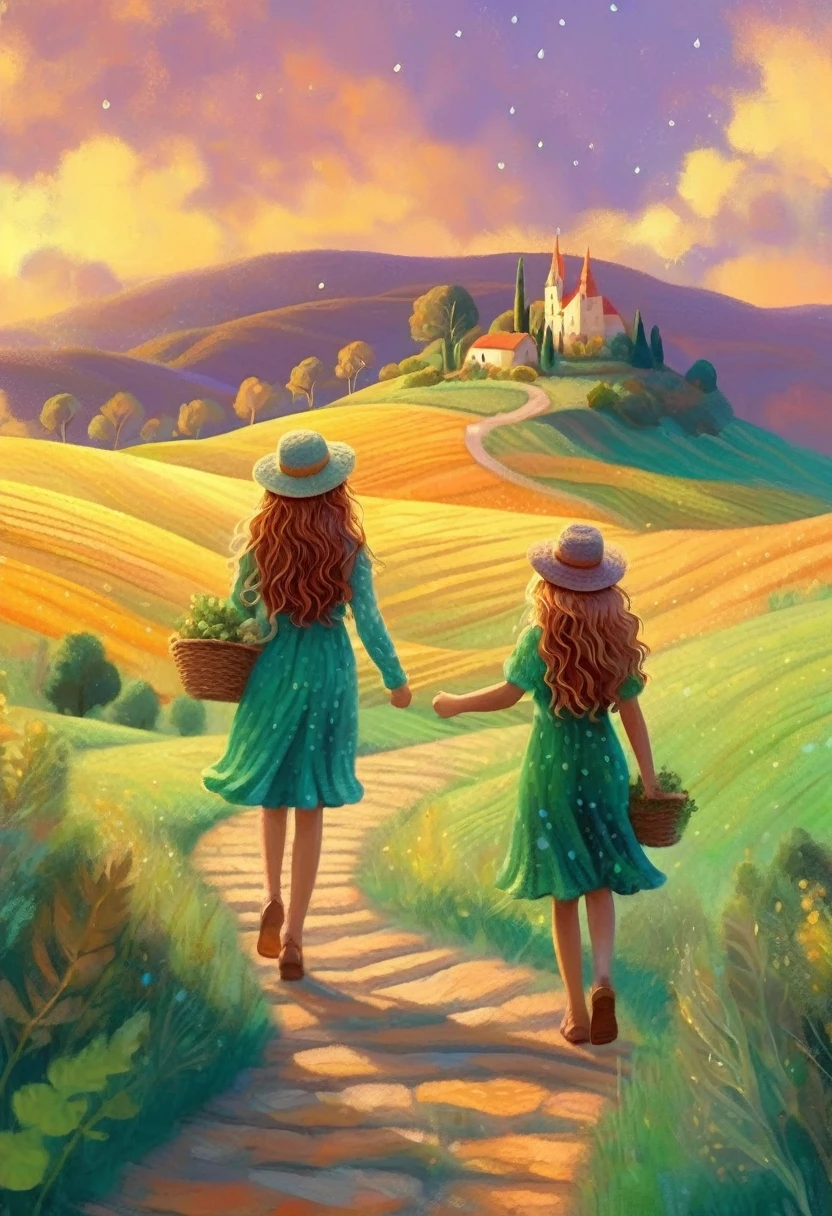 Digital illustration Art, twogirls, gemeas, brown illustrated hair, walking together on a magical path,  Background of Green árvores and Hills, vivid Ferdinand du Puigaudeau, victor nizovtsev, tons vintage, twinkling, luminescent, Reflections, best number, 8k, High definition, high resolution. Double exposure,illustration,Beautiful Digital illustration.