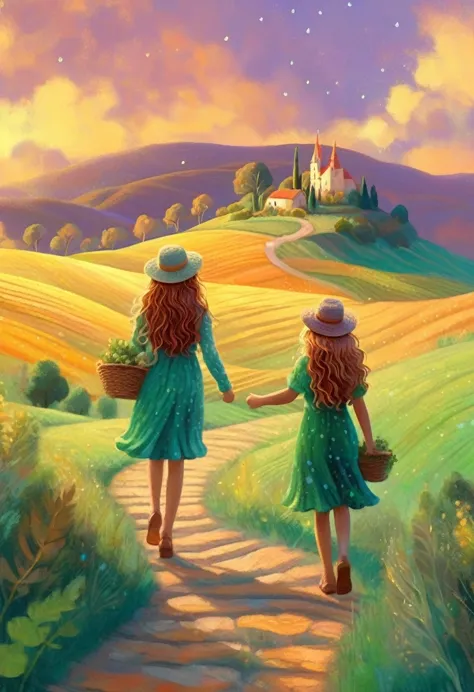 digital illustration art, twogirls, gemeas, brown illustrated hair, walking together on a magical path,  background of green árv...