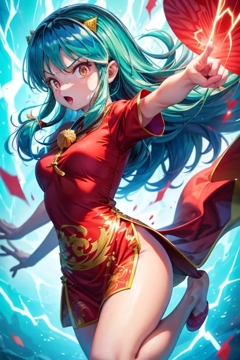 lum, red chinese dress, girl floating in the air, pointing index finger at viewer,index finger, electricity emitting from finger...