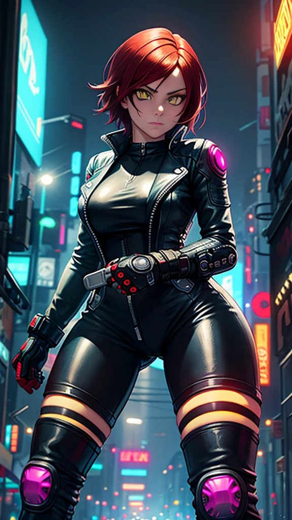 biker girl, motorcycle, Leather one-piece garment, Short hair, yellow glowing eyes, Dark colors, ultra detailed face, long eyelashes, skinny, Cyberpunk, Neon lights, Red hair, long boots, tightsuit, Night, the city street, mitts, rain