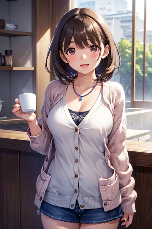 anegasaki nene、Shiny brown hair, short hair, (Beautiful brown eyes、Sparkling eyes, Fine grain)、smile、Ultra-detailed eyes、非常にDetailed face, Highly detailed eyes,Cowboy Shot、



((masterpiece, Highest quality, High resolution, 超High resolution, Pixel Perfect, Written boundary depth, 4K, RTTX10.0, High resolution))), One Girl, single, alone, Beautiful Anime, Beautiful art style, Anime characters, 
 ((Detailed face, blush:1.2)), ((Smooth texture:0.75, Realistic texture:0.65, Realistic:1.1, Anime CG style)), 
 Mid-chest, Dynamic Angle, Perfect body, Dynamic pose, 
 ((close, throw, cute,smile, Open your mouth)), 
 ((Casual clothing, Beaded Necklaces, knit cardigan, )), Cafe, holding a coffee cup, 