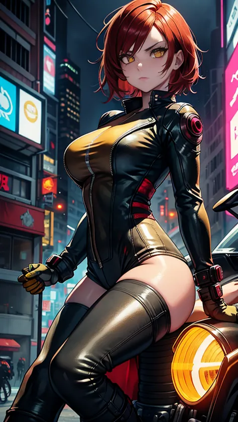 biker girl, motorcycle, leather one-piece garment, short hair, yellow glowing eyes, dark colors, ultra detailed face, long eyela...