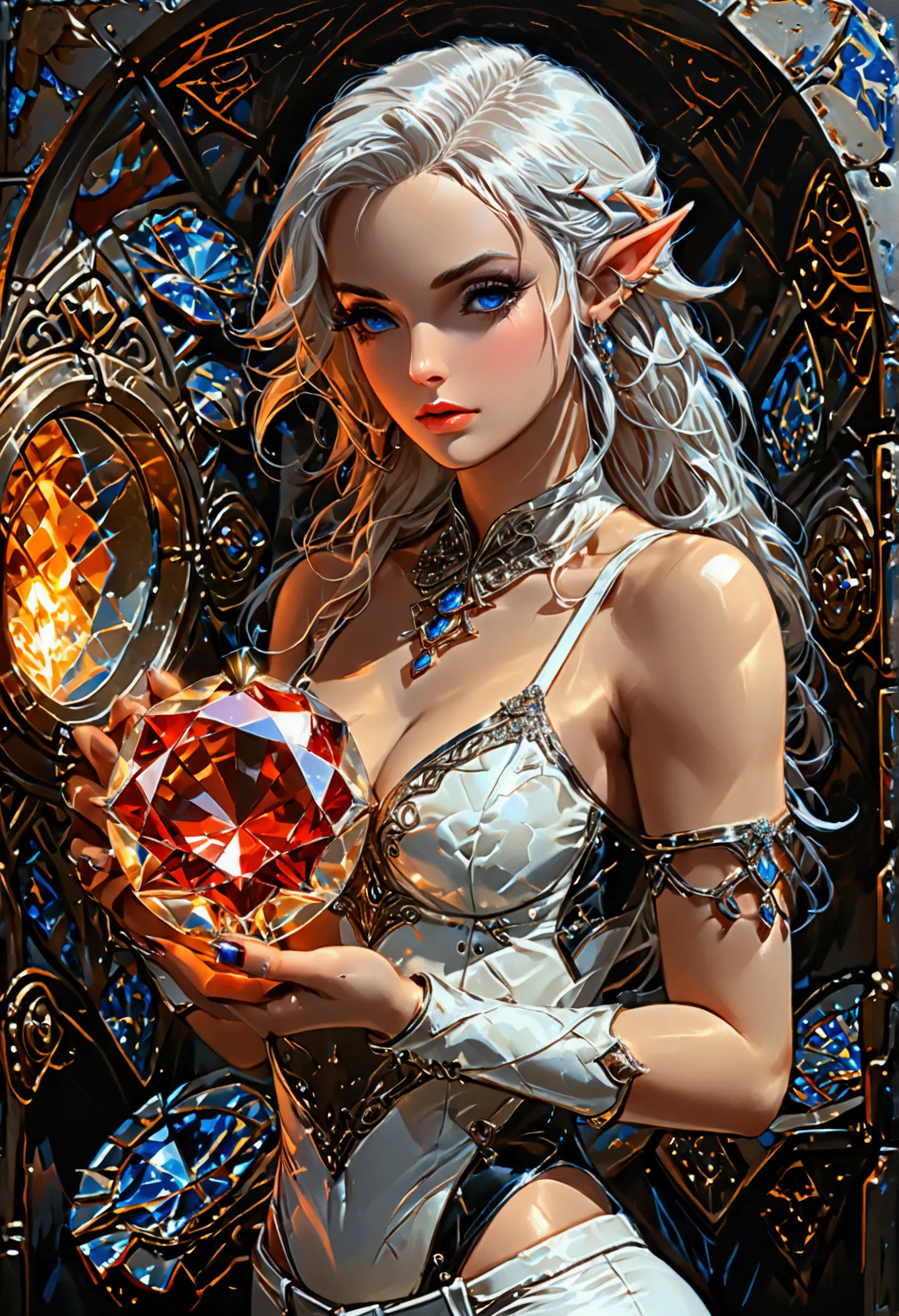 a fantasy epic illustration (julie bell elmore style: 1.5)) of a drow elf thief holding a large diamond in a vault, a female dro...