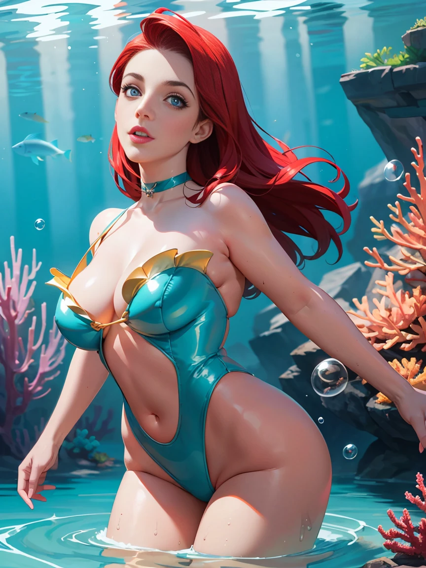 Angela White as Ariel of disney "Princess Ariel", The Little Mermaid character, Ariel is a fictional character in Walt Disney Pictures, mythological creatures, Underwater seduction girl, Realistic, Dynamic Lights, ((highest quality)), ((masterpiece)), (detailed), Ultra HD, Very Detailed CG Unified 8k Wallpaper, (Cinematic Lighting), (Anime illustration), Face up, Perfect Face, detailed, (full shot), 1 girl, Bright Blue Eyes, Looking at the Viewer with a Confident and Seductive Expression, Voluptuous Body, big breasts, sweaty, wide hips, Mature and Seductive Gaze, Detailed, realistic hands, detailed hands, Clean Details, High Quality, Sharp Focus, Photorealistic Photorealism, The Background is an Underwater Realm with Vibrant Coral Reefs , Colorful Fish, and Sunken Treasures. Sunlight Filters Through the Water, Casting a Magical Glow, ethereal, Bubbles Float in the Water, with an Underwater Castle Visible in the Distance
