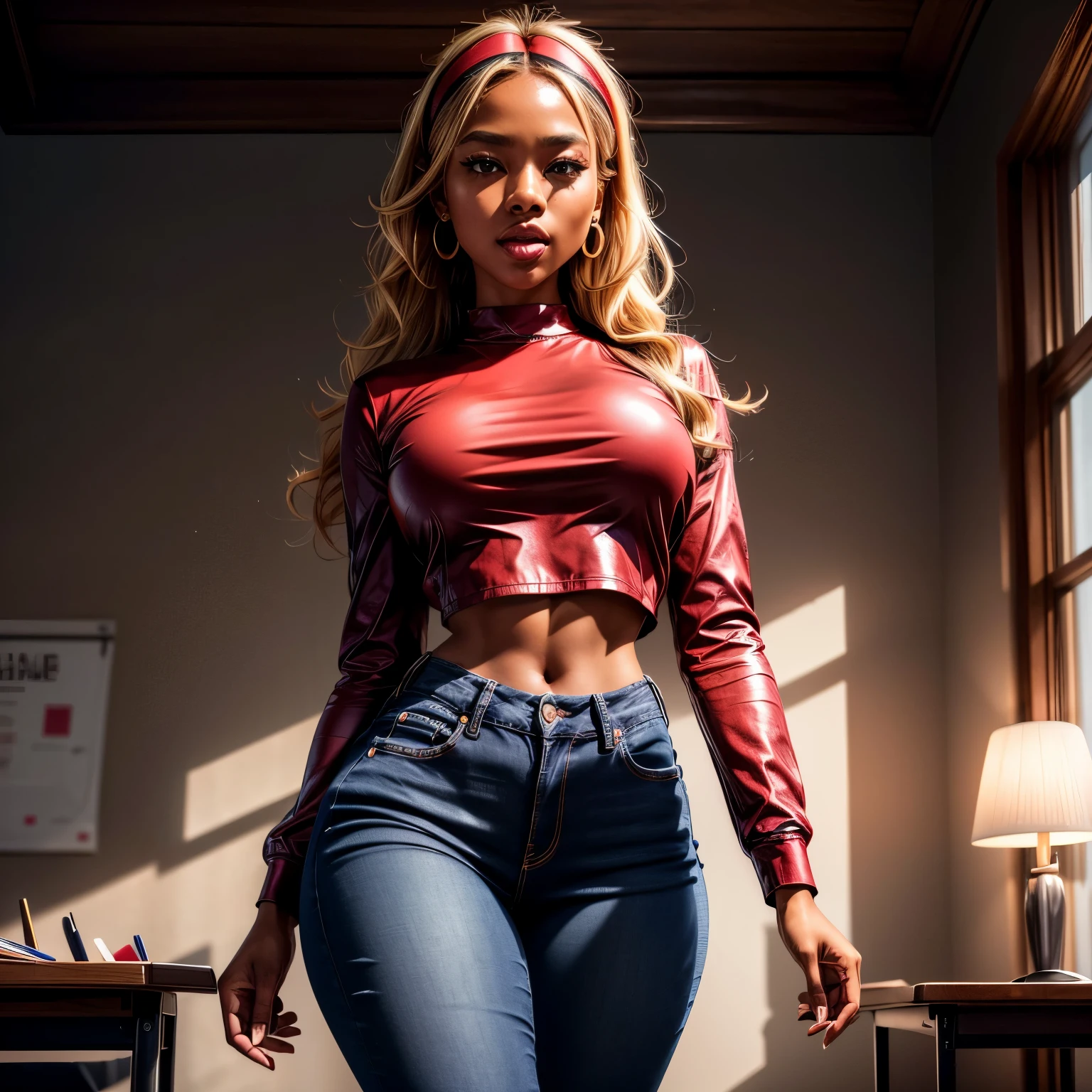 Masterpiece, high quality, high resolution, 1, blond hair, volumetric lighting, subsurface scattering, 8k, Beautiful woman, (dark skin), phillipino, college student, uniform, (red dress, jeans), wavy hair, headband, hoope earings, classroom, sexy pose, seductive pose, ((slim thick body:1.0)), thick thighs, round-butt, open mouth, big lips, screaming, orgasm, night time, eyes closed, Masterpiece, Professional lighting, 16k, 8k wallpaper, raw photo, photo-realistic:1.8, ultra detailed, natural lighting,