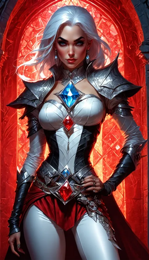 a fantasy epic illustration (julie bell elmore style: 1.5)) of a drow elf thief holding a large diamond in a vault, a female dro...