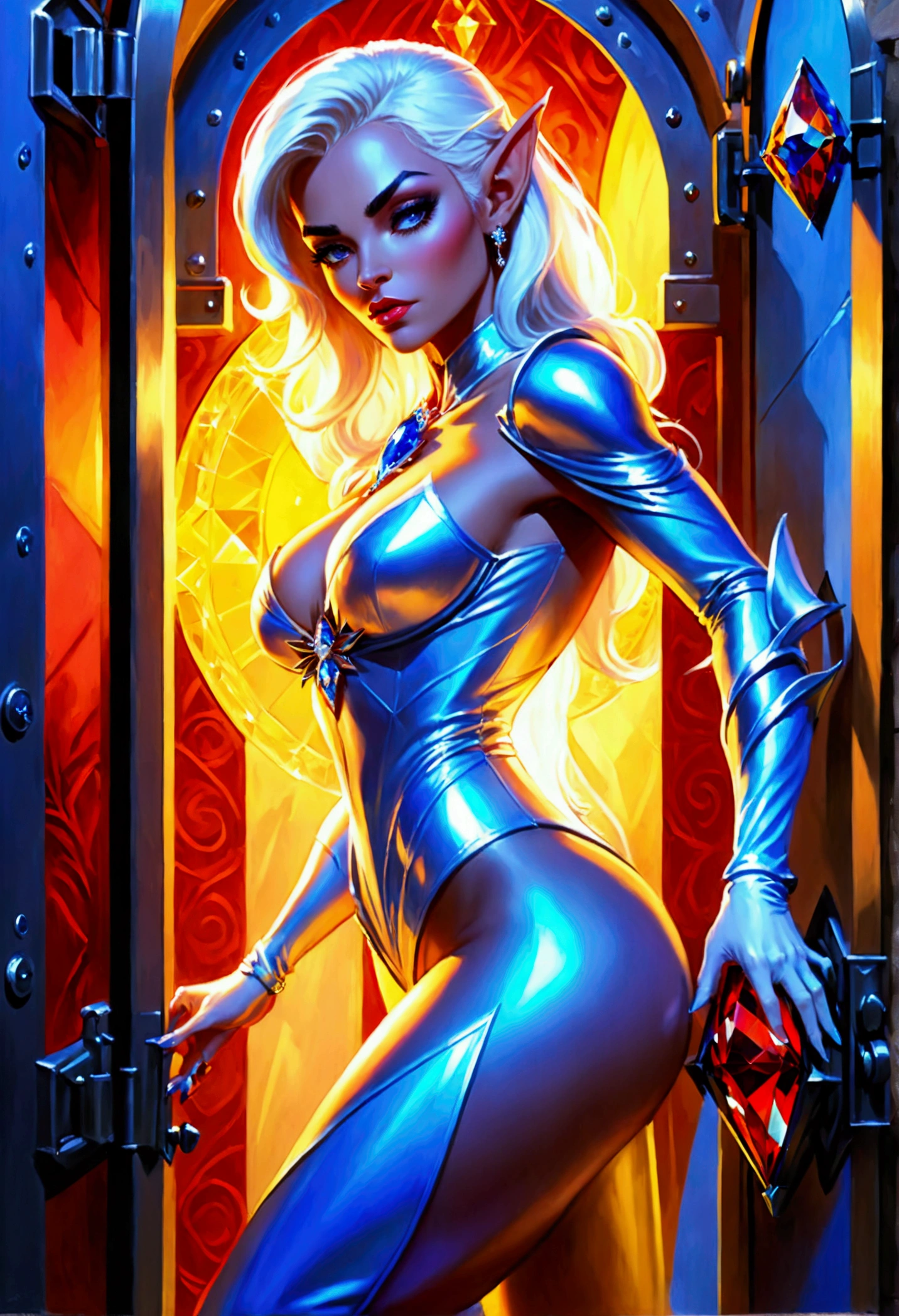 a fantasy epic illustration (Julie Bell Elmore style: 1.5)) of a drow elf thief holding a large diamond in a vault, a female drow  elf thief, full body, (small pointy ears), dynamic hair color, dynamic hair style,  ultra detailed face, wearing white leather leotard, white leather pants, busty, small cleavage, high heel boots, she is happy for reaching her goal, success, holding a large sized (red diamond: 1.3), brilliant diamond, many facets, many colors diamond, fantasy safe vault background, torchlight, vibrant, Ultra-high resolution, High Contrast, (masterpiece:1.5), highest quality, Best aesthetics), best details, best quality, highres, 16k, [ultra detailed], masterpiece, best quality, (extremely detailed) RAW, (ultra details, Masterpiece, best quality), diamondWM, Cinematic Shot