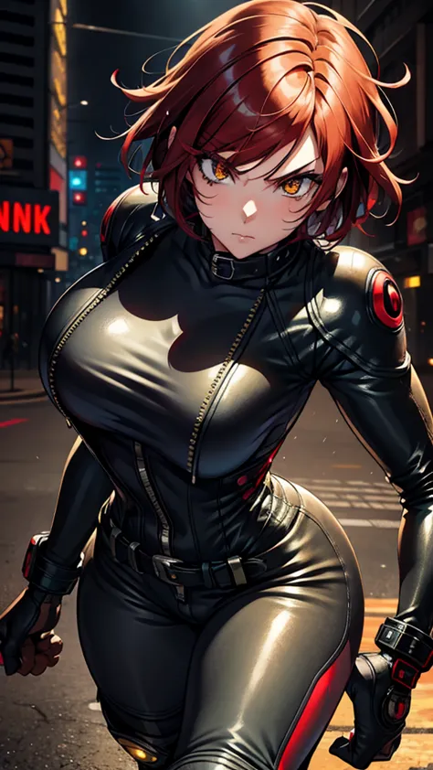 biker girl, motorcycle, leather one-piece garment, short hair, yellow glowing eyes, dark colors, ultra detailed face, long eyela...