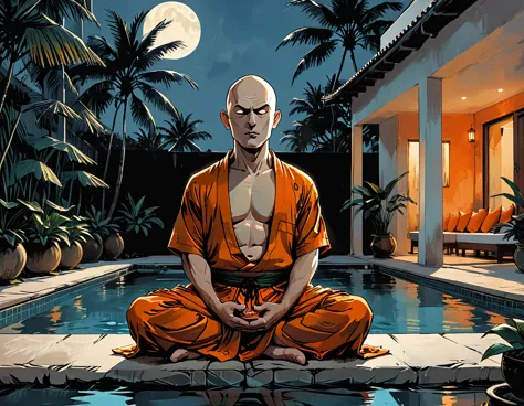 ((night)), dark, deep shadow, ((open mouth)),blind buddhist monk sitting in lotus position next to the pool at the white hotel, ...