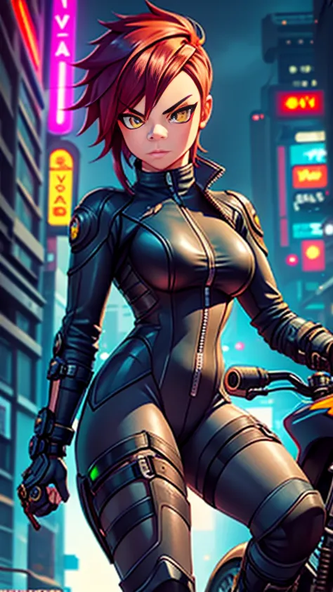 biker girl, motorcycle, leather one-piece garment, short hair, yellow glowing eyes, dark colors, ultra detailed face, long eyela...