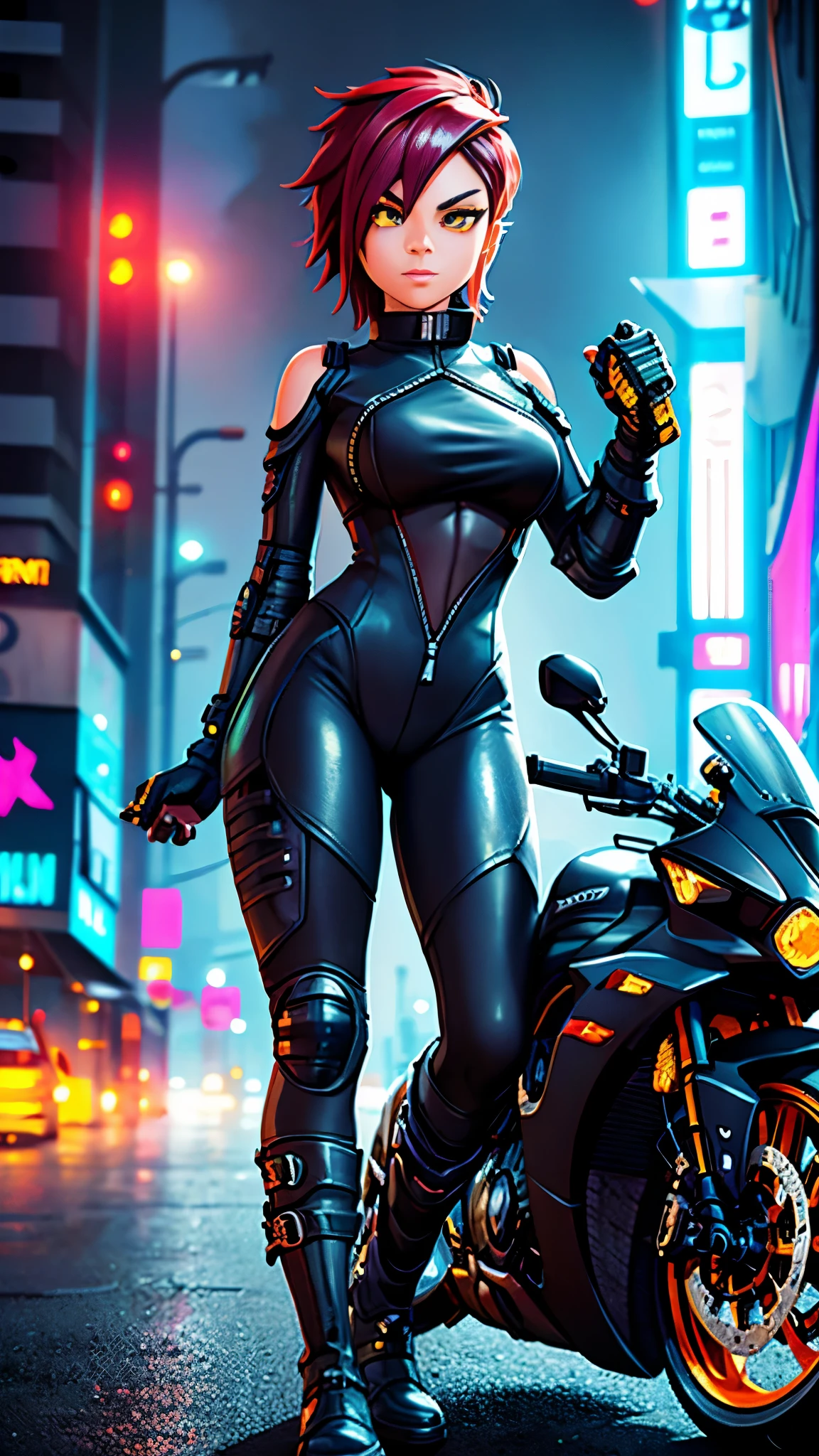 biker girl, motorcycle, Leather one-piece garment, Short hair, yellow glowing eyes, Dark colors, ultra detailed face, long eyelashes, skinny, Cyberpunk, Neon lights, Red hair, long boots, tightsuit, Night, the city street, mitts, rain