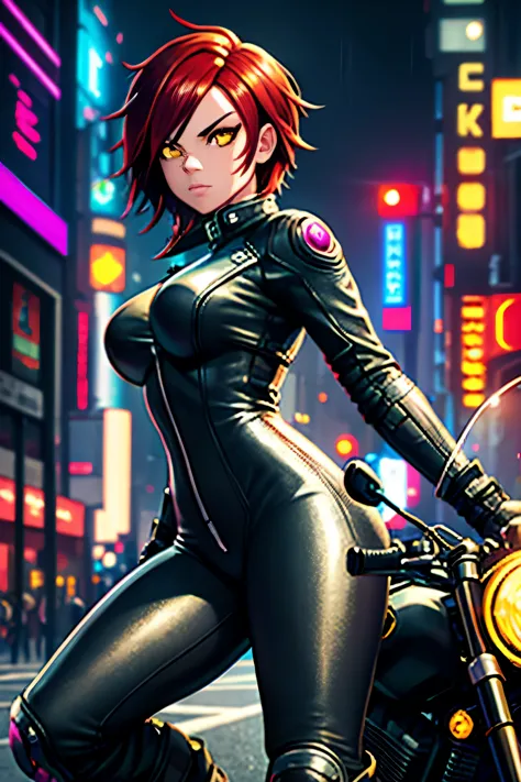 biker girl, motorcycle, leather one-piece garment, short hair, yellow glowing eyes, dark colors, ultra detailed face, long eyela...