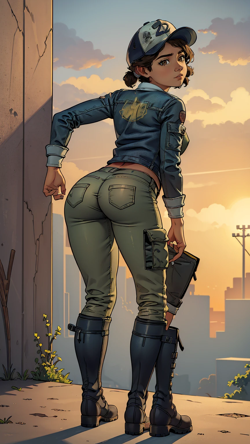 ((masterpiece, best quality)),(complex lighting) ,solo,(((1girl))) ,clementine, light skin,light-skinned female, baseball cap, green cargo pants, brown eyes, tight pants, combat boots, shirt, short hair, one short ponytail, open denim jacket, huge butt, thicc butt , (((8k))), (((full body))), (((bent over))), (((looking at the viewer)))