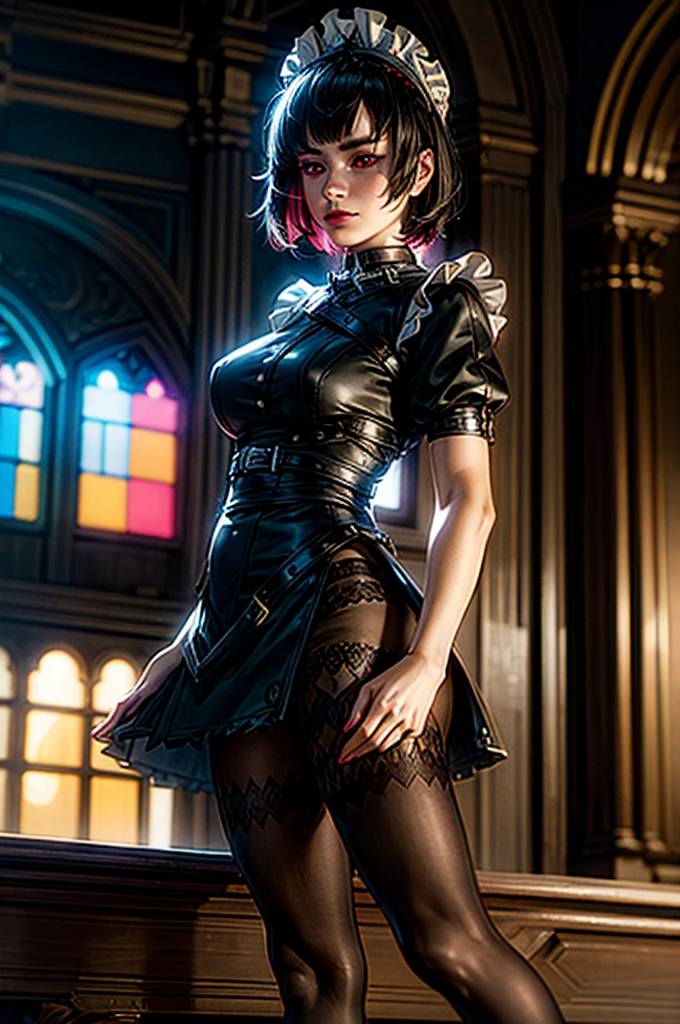 A young girl in realistic portrait of high quality and detail, movie style, Ellen Joe (Zenless Zone Zero), a young girl with short black hair with red tips at the ends. She also has red eyes and makeup. She is wearing a short maid costume, nylon tights, black underpants, high-heeled shoes. She also has a shark's tail, light and peaceful atmosphere, glow, eye shadow, 1girl, fantasy, Depth & Perspective, smiling on her face, Mystical powers, fine face, She stands in the middle of the church hall, indoors, sunlight from stained glass windows, looking at viewer, (ultra-high detail:1.2), Masterpiece, Best Quality, Ultra-detailed, Cinematic lighting, 8K, delicate features, cinematic, 35 mm lens, f/1.9, highlight lighting, global lighting –uplight –v 4, cinematic, Cinematic lighting, 8K, high quality, Highest Quality, (Solo Focus), (extremly intricate:1.3), (Realistic), masterful, Analog style, (Film grain:1.5), (warm hue, cold tone), 