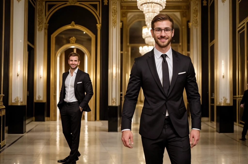 ((Full body photo of a single)), handsome man around, with distinct Caucasian features. He has medium-length light brown hair with cropped sides, no facial hair, intriguing brown eyes, and an athletic build. The man is tall, with a seductive smile and a gentle expression, wearing glasses. The image should focus on a close view of his face, capturing his perfectly symmetrical features and sharp details. He is dressed in a black suit and shirt, standing in a luxurious city setting, with bright external lighting that highlights his features. The photo should convey a professional, high-quality, millionaire lifestyle.