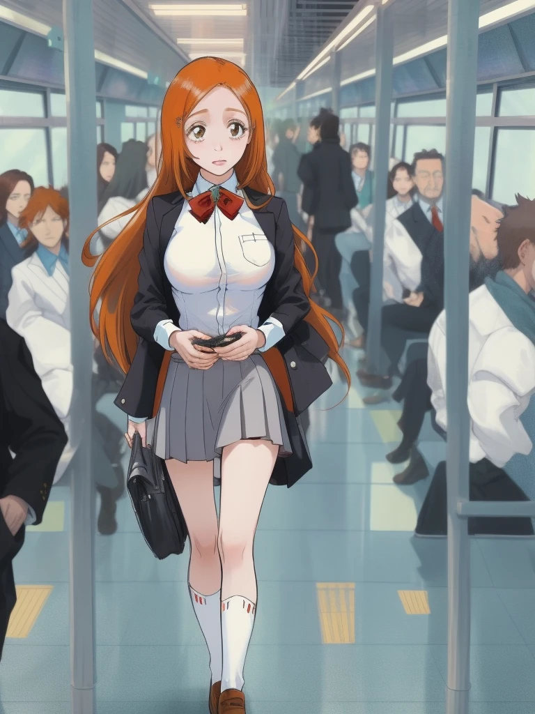 orihime, bleach, Dirty pervert, Bitch, Inside the train, old man pushing his chest against ery hot young girl, school uniform) back inside a very crowded train