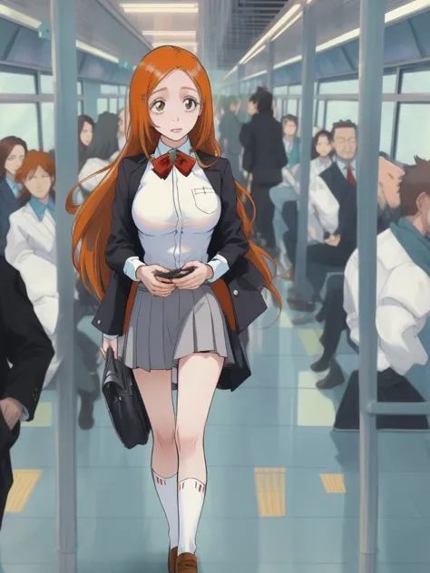 orihime, bleach, dirty pervert, bitch, inside the train, old man pushing his chest against ery hot young girl, school uniform) b...