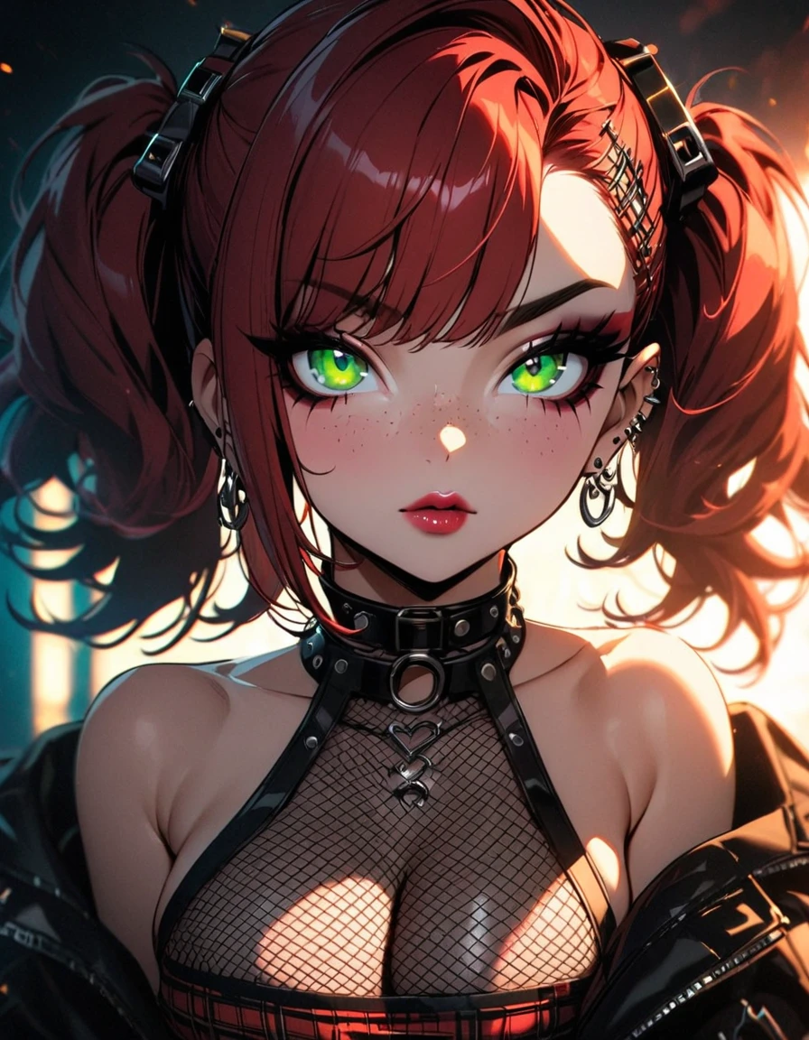 woman, curly red hair in pig tails, green eyes, eye shadow, long black jacket, red plaid skirt, black finger-less gloves, exposed shoulders, large breasts, freckles, cleavage, fishnet undershirt, looking at viewer, Holo-Punk Style, goth, earrings, eyelashes, jewelry, lips, makeup, solo, tattoo, punk aesthetic, cinematic lighting, masterpiece, best quality, face close up