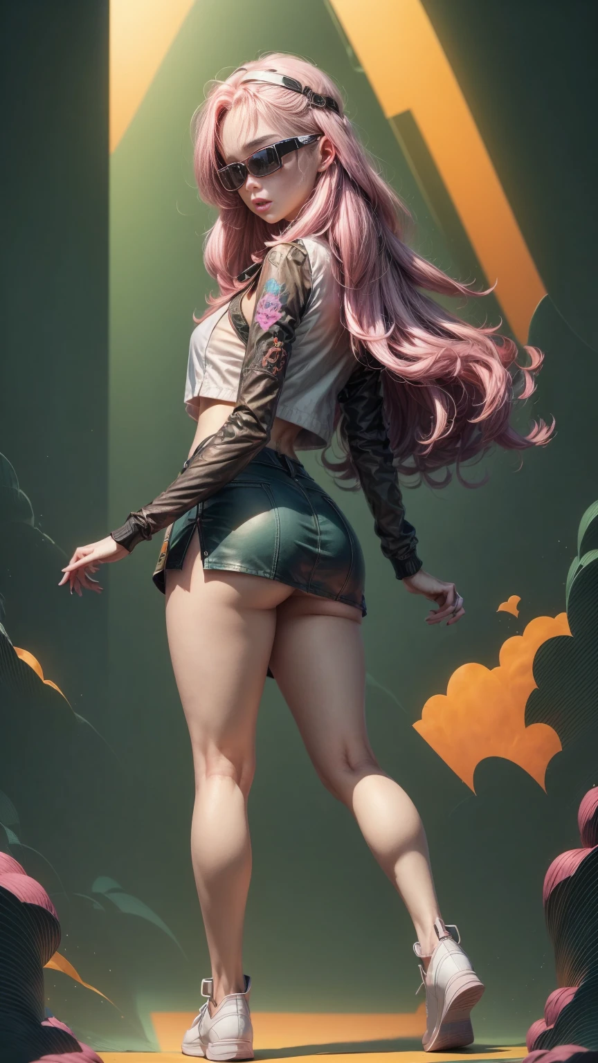 a young woman with long pink hair, tattooed body, wearing a mini skirt and white crop top, subtle view of her butt in full body shot, detailed face and eyes, intricate tattoo designs, cinematic lighting, photorealistic, 8k, hyper detailed