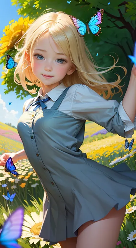 illustration of a 10 year old blonde girl, "happy" in a field of flowers, blue cloudy sky, playing with butterflies, nice illust...