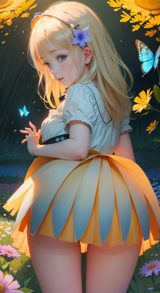 Illustration of a 10 year old blonde girl, "Happy" in a field of flowers, blue cloudy sky, playing with butterflies, Nice illustration, beautiful painting, beautiful UHD 4k art, Beautiful art, a Beautiful art illustration, art in the style of guweiz, beautiful painting, atey ghailan 8k, artgerm and atey ghailan, 10 year old blonde girl, Happy in a field of flowers,  playing with butterflies, (butterflies). (best quality, ​masterpiece), 1 girl, Pose, Particle, wind, flower, Full body, Garden background, looking at butterflies. supershort skirt, Upskirt view --Auto