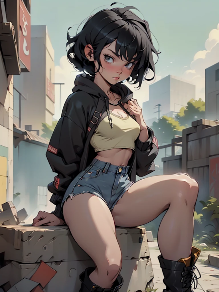 young female, (short black fluffy hair), short, detailed hair, wearing a baggy hoodie, wearing denim short shorts, wearing black combat boots, solo, human, ((nice thighs, wide hips, flat chest)), sitting