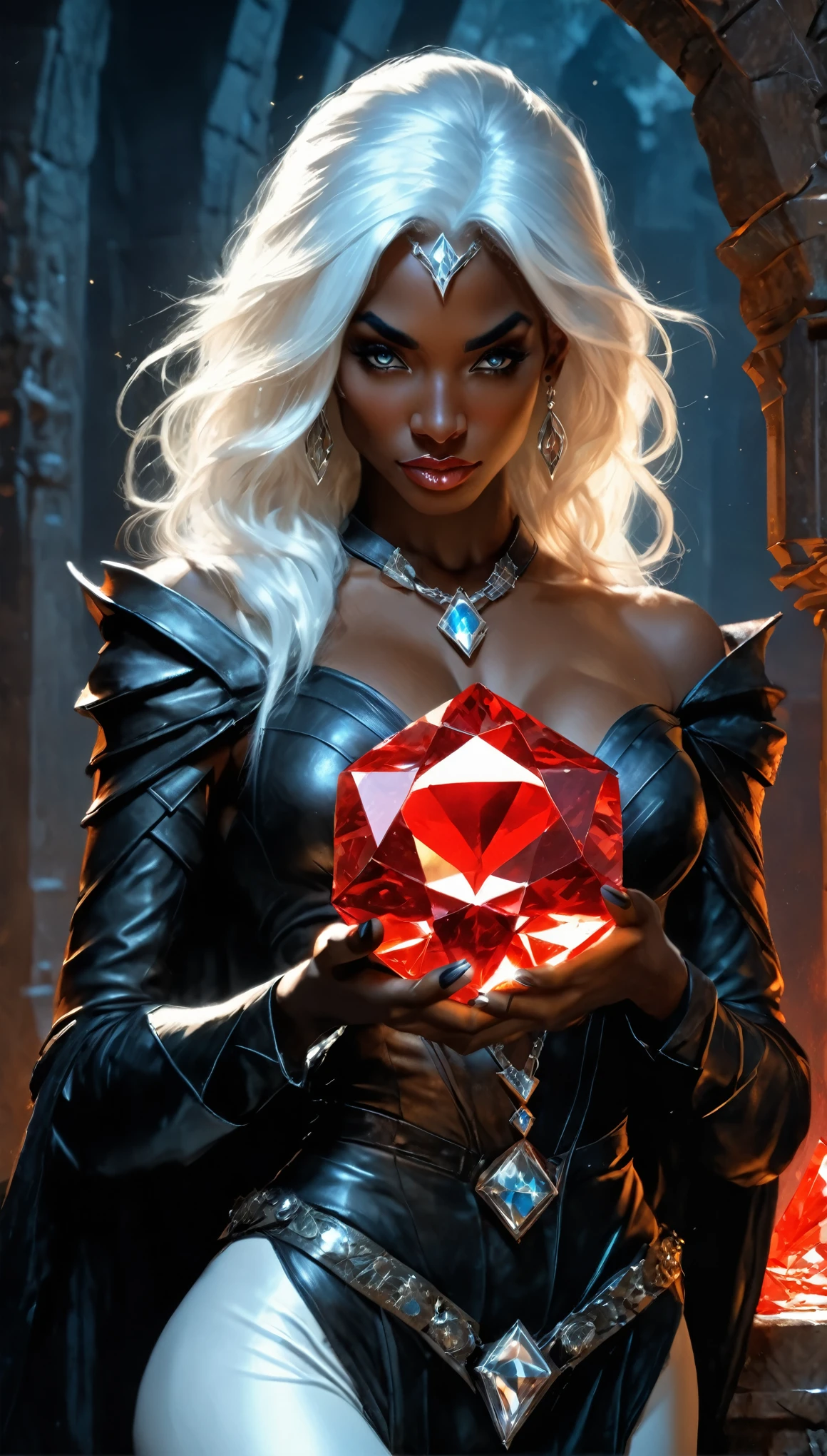 a fantasy epic illustration (Julie Bell style: 1.5)) of a drow elf thief holding a large diamond in a vault, a female drow  elf thief, (black skin: 1.5), black and color, full body, (small pointy ears), dynamic hair color, dynamic hair style,  ultra detailed face, wearing white leather leotard, white leather pants, busty, small cleavage, high heel boots, she is happy for reaching her goal, success, holding a large sized (red diamond: 1.3), brilliant diamond, many facets, many colors diamond, fantasy safe vault background, torchlight, vibrant, Ultra-high resolution, High Contrast, (masterpiece:1.5), highest quality, Best aesthetics), best details, best quality, highres, 16k, [ultra detailed], masterpiece, best quality, (extremely detailed) RAW, (ultra details, Masterpiece, best quality), art by mooncryptowow, Cinematic Shot