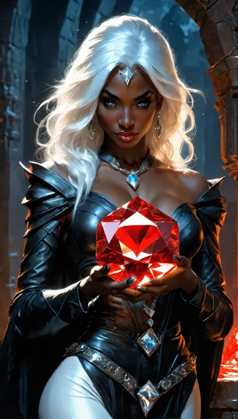 a fantasy epic illustration (julie bell style: 1.5)) of a drow elf thief holding a large diamond in a vault, a female drow  elf ...