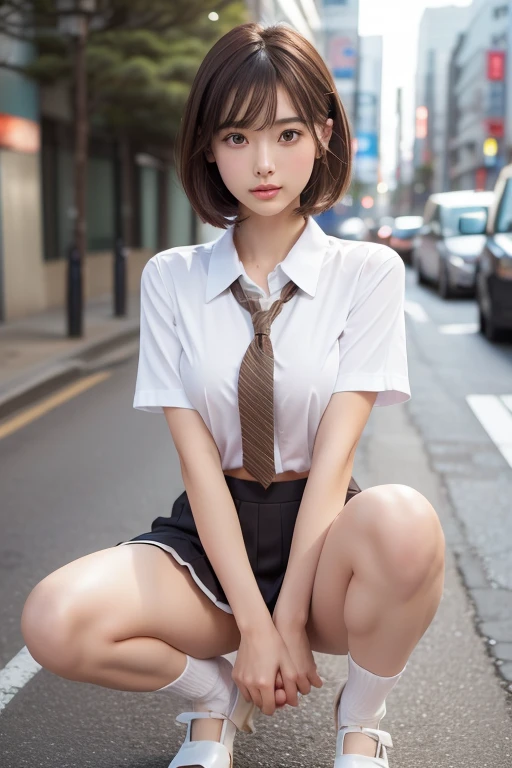 In 8K,Highest quality,The real picture,Intricate details,Ultra-high resolution,Depth Field,Masseter muscle area,Natural soft light,Professional Lighting,One Girl,(cute:1.2),Very beautiful 1,Detailed eyes,((Brown eyes)),(Brown Hair),(Short-haired),(Skin of the lawless zone of bangs,Glowing Skin,White skin,Fine skin,Big ample breasts,((Perfect Anatomy,Nice hands,Perfect hands,Five fingers connected to the palm,Accurate needles without discomfort)),Perfect bare legs,Delicate legs,Perfect Proportions,Sexy,I can see your chest,((Japan Uniform)),((Uniform Mini Skirt)),(tie),Black socks,Chano Leather Shoes,Lurking deep in the city,I can see your crotch,Show me your panties in the street,Both legs are bent,Legs are spread in an M shape,,I can see your pants,Slender thighs when viewed from the front