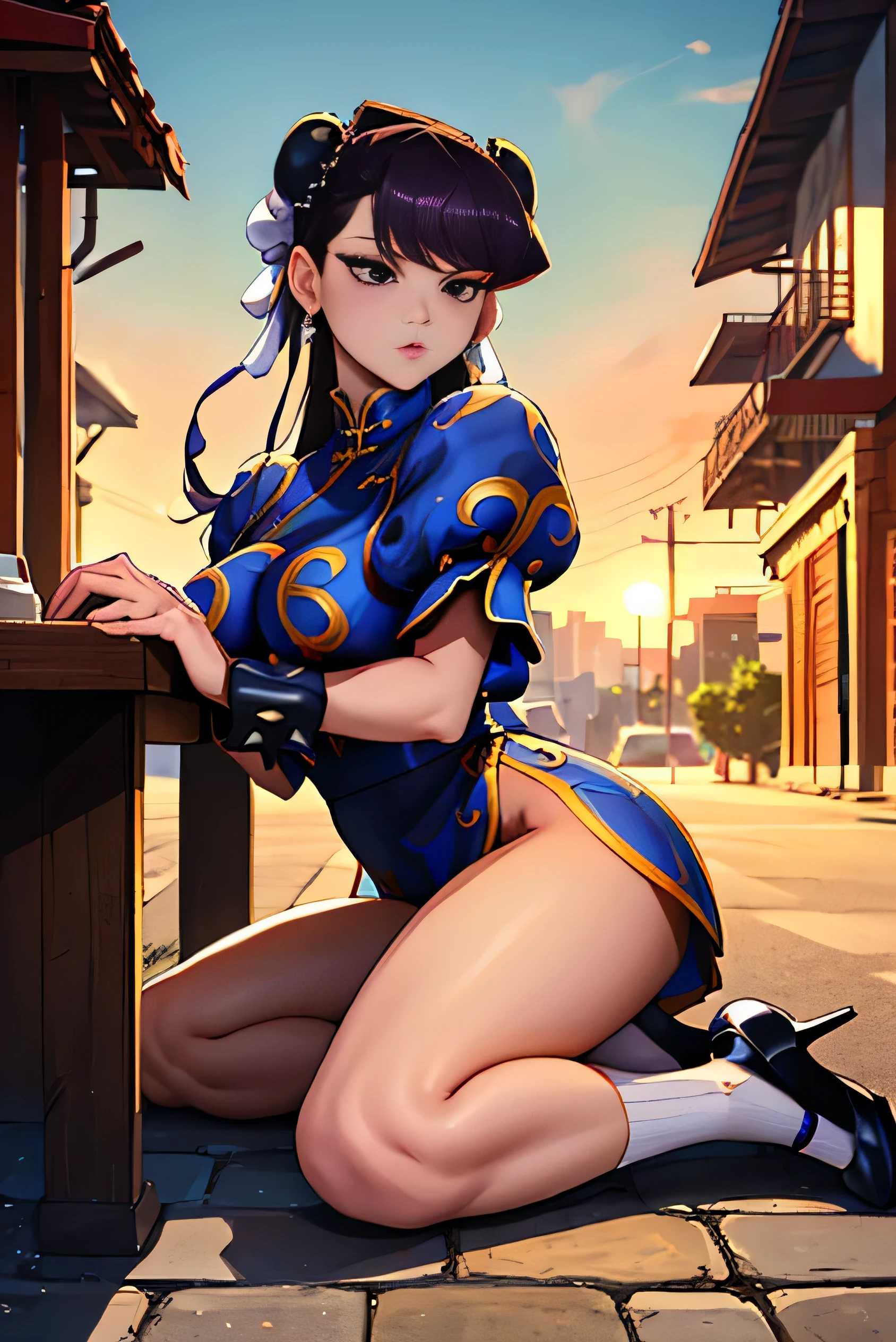 (((Komi Shouko wearing a Chun Li cosplay))), (((Komi Shouko))), (((lChunli))), purple hair, purple fur, Purple eyes, Purple eyes, ((masterpiece,The best quality)),Beautiful night street background (breasts, large breasts, breats, huge breasts, heels, hig heels, socks, stockings)