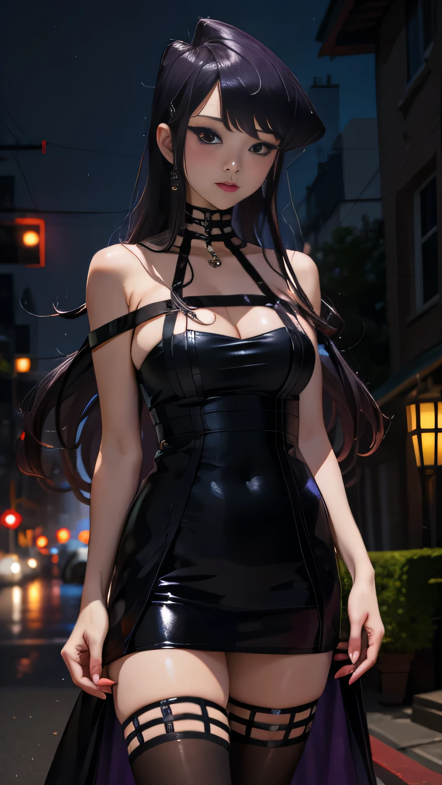 Komi Shouko, Long purple hair girl, purple eyes,【Cosplay】Yor Briar Ibra Hime, black dress, black thighhighs, black globes, (narrow waist), blushing, official art, detail face, cg,looking at viewer, (standing), midnight, (large breast:1.2), smile, outdoors, night