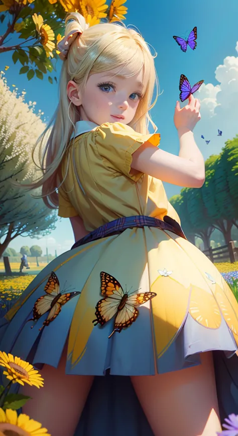 illustration of a 10 year old blonde girl, "happy" in a field of flowers, blue cloudy sky, playing with butterflies, nice illust...