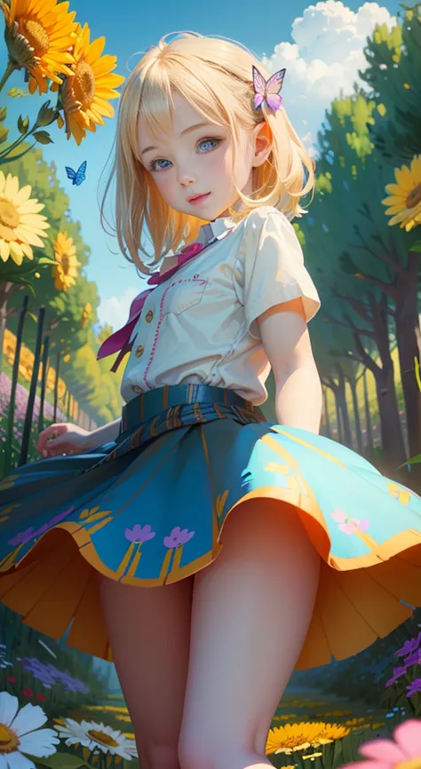 illustration of a 10 year old blonde girl, "happy" in a field of flowers, blue cloudy sky, playing with butterflies, nice illust...