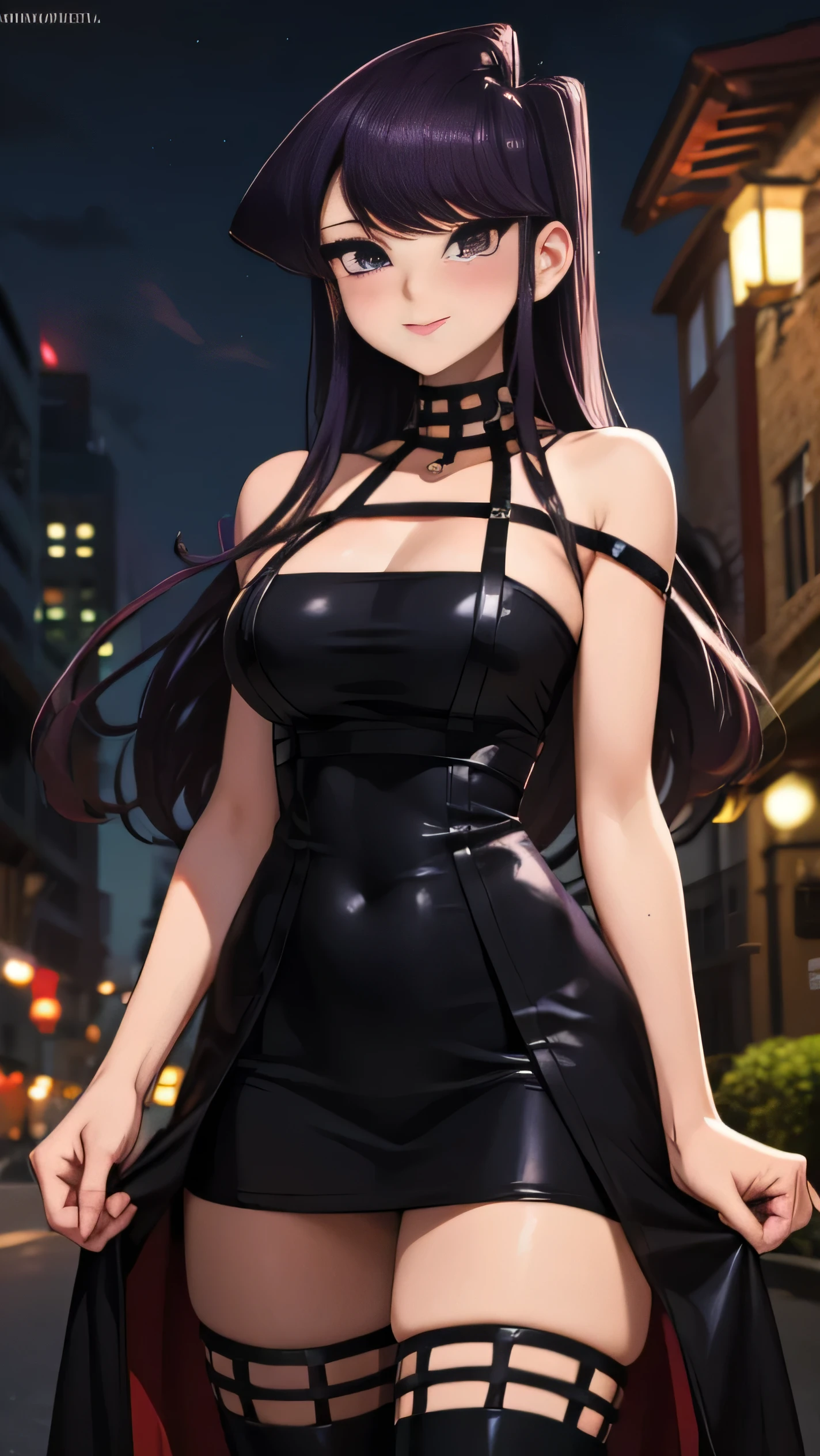 Komi Shouko, Long purple hair girl, purple eyes,【Cosplay】Yor Briar Ibra Hime, black dress, black thighhighs, black globes, (narrow waist), blushing, official art, detail face, cg,looking at viewer, (standing), midnight, (large breast:1.2), smile, outdoors, night