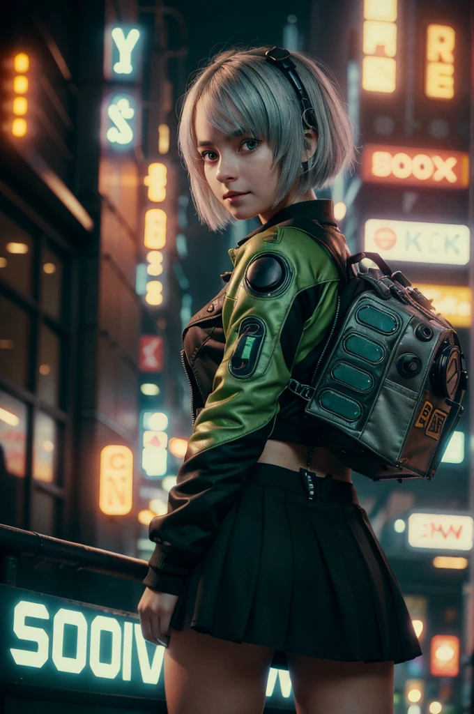 A young girl in realistic portrait of high quality and detail, movie style, Anby Demara (Zenless Zone Zero), She has short silver hair and light brown eyes. She wears a short black skirt and a green suit with a backpack on her back, long black knee socks, green sneakers and black sports underwear, pale skin, european girl, medium breast, futuristic style, cyberpunk style, happy look, glow, eye shadow, 1girl, Depth & Perspective, smiling face, fine face, She's standing in the cyberpunk street, outdoors, signs in Japanese in the background, day time, blue sky, looking at viewer, (ultra-high detail:1.2), Masterpiece, Best Quality, Ultra-detailed, Cinematic lighting, 8K, delicate features, cinematic, 35 mm lens, f/1.9, highlight lighting, global lighting –uplight –v 4, cinematic, Cinematic lighting, 8K, high quality, Highest Quality, (Solo Focus), (extremly intricate:1.3), (Realistic), masterful, Analog style, (Film grain:1.5), (cold tone),