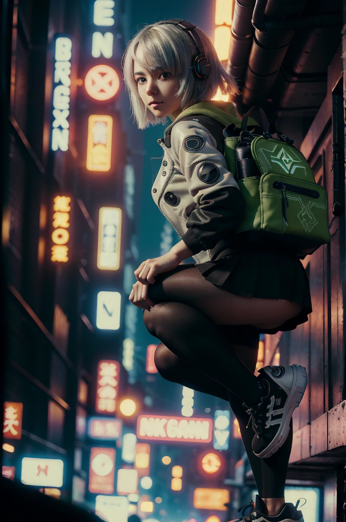 A young girl in realistic portrait of high quality and detail, movie style, Anby Demara (Zenless Zone Zero), She has short silver hair and light brown eyes. She wears a short black skirt and a green suit with a backpack on her back, long black knee socks, green sneakers and black sports underwear, pale skin, european girl, medium breast, futuristic style, cyberpunk style, happy look, glow, eye shadow, 1girl, Depth & Perspective, smiling face, fine face, She's standing in the cyberpunk street, outdoors, signs in Japanese in the background, day time, blue sky, looking at viewer, (ultra-high detail:1.2), Masterpiece, Best Quality, Ultra-detailed, Cinematic lighting, 8K, delicate features, cinematic, 35 mm lens, f/1.9, highlight lighting, global lighting –uplight –v 4, cinematic, Cinematic lighting, 8K, high quality, Highest Quality, (Solo Focus), (extremly intricate:1.3), (Realistic), masterful, Analog style, (Film grain:1.5), (cold tone),