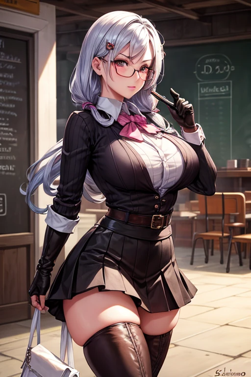 masterpiece, Beautiful art, professional artist, 8k, art style by sciamano240, Very detailed face, Detailed hair, detailed clothing, detailed fabric, 1 girl, perfectly drawn body,huge chest, beautiful face, broad, Very detailed, wearing teacher clothes, thigh high boots, tube skirt, Glasses, looking angrily over Glasses, Sensual Lips , pink cheeks, School environment, detailed background, board , show details in the eyes.