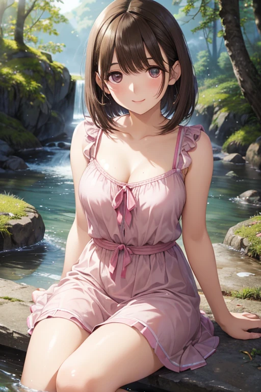 anegasaki nene、Shiny brown hair, short hair, (Beautiful brown eyes、Sparkling eyes, Fine grain)、smile、Ultra-detailed eyes、Highly detailed face, Highly detailed eyes,Cowboy Shot、



, alone, masterpiece, Highest quality, 8k, High resolution, 
Sit on the water, Pink Dress, Pink Sundress, in the forest, ,  Twin tails, short hair, 
 Small breasts, Highly detailed face, Highly detailed eyes, Highly detailed background, perfection