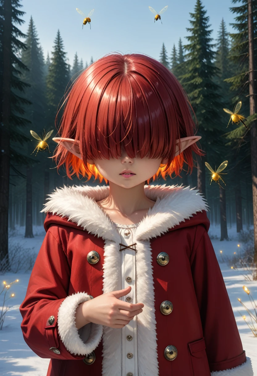 score_9, score_8_up,score_7_up, masterpiece, best quality, perfect anatomy, very aesthetic, official art, 8k,Cute  elf,(((small ,tiny ,small))),((())),((anime elf with extremely Cute and beautiful red hair)), (((elf))), (((elf ears))), (((flat chest))),((((red hair:1.35,short red hair,(wild short hair:1.5),((hair over eyes:1.3)),colored inner hair,breathing through the ears)))),(((red_eyes:1.3))),difficult eyes,beautiful detailed eyes,symmetrical eyes,big eyes:1.5,(((Shiny skin:1.5,bright skin: 1.5,tanned skin,Shiny skin,very Shiny skin,shiny body,пластиковая Shiny skin,exaggerated Shiny skin,illuminated skin))),(delicate detailed fingers,detailed body,(detailed face)), Cute,promiscuous,Erotic,brave,((nsfv)), Revealing clothing,show skin,(((Coat with hood and feathers, red feathers coat set, wear a coat with feathers: 1.3,red winter coat))),((bare legs)), (half naked, scantily clad),(((difficult outfit,difficult clothes,embroidered outfit,ornate outfit,embroidered clothes,ornate clothing))), (dynamic pose:1.0),embarrassed,(centered,scale to size,Rule of thirds), ((((many Fireflies,Fireflies,glowing Fireflies,Fireflies in the background)))), ((eagles fly in the background:1.5)),((snowy pine forest at night)),with dark storm clouds,winter,landscape:1.25,difficult landscape,((snow forest background)),Christmas tree, (Glossy winter ornaments),a high resolution,Sharp Focus,(Ultra detailed,extremely detailed),(photorealistic work:1.37),(extremely detailed CG unity 8k wallpaper),(((bright colors,bright theme))),(difficult),(masterpiece),(Best quality),