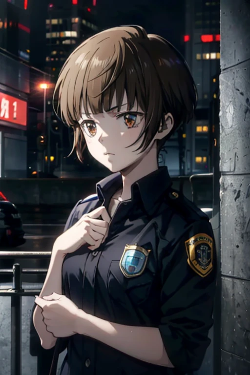 1girl,AkaneTsunemori, Hold the handgum next to face with both hands, police suite,city at night,