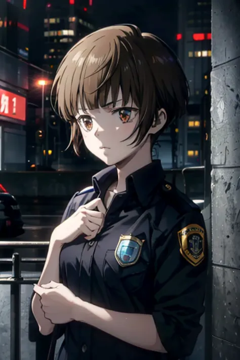 1girl,akanetsunemori, hold the handgum next to face with both hands, police suite,city at night,