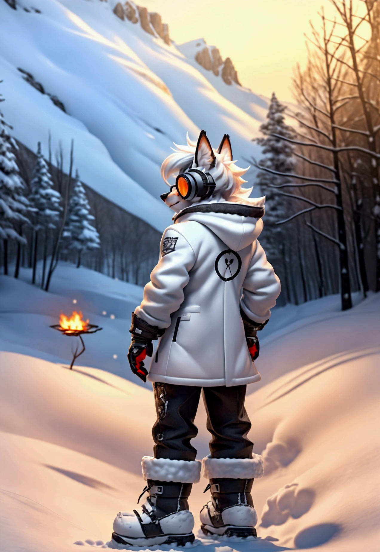 werewolf, white hair, wearing a black winter coat with white details and the letter Z printed on the back, black and white pants and snow boots. Wearing eye and ear protection for snow. Front and back photo. Letter Z in the Coasts. wolf tail