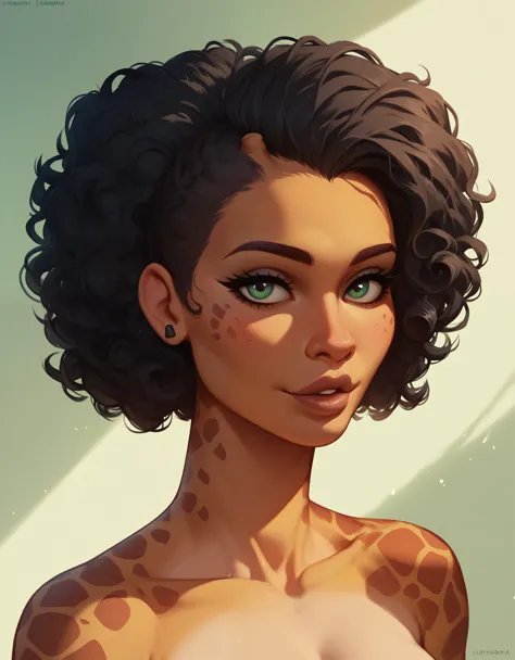 female centaur with the lower body of a giraffe. upper body dark-skinned and short black curly hair. savannah in the background,...